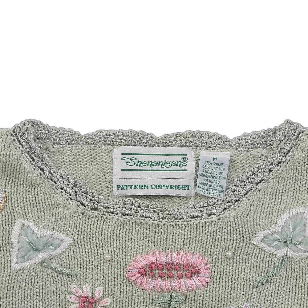 Vintage Streanigans Embroidered Sweater Womens M Sage Cottagecore Fairycore